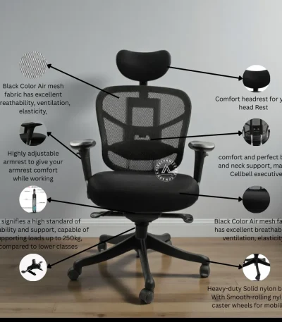 Black ergonomic mesh office chair with adjustable headrest, breathable air mesh back, cushioned seat, adjustable armrests, and heavy-duty nylon base