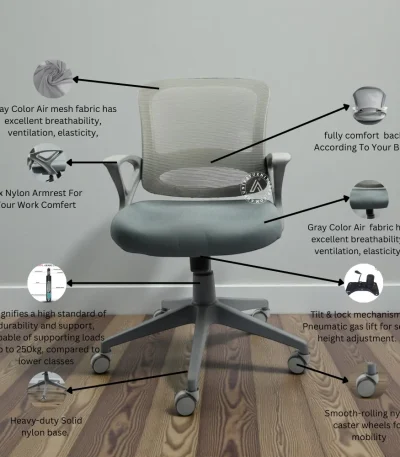 Grey mesh office chair with breathable back, fabric seat and heavy-duty nylon base