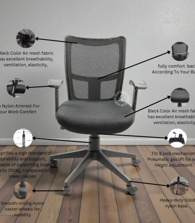 Black mesh office chair with breathable back, fixed armrests and heavy-duty nylon base