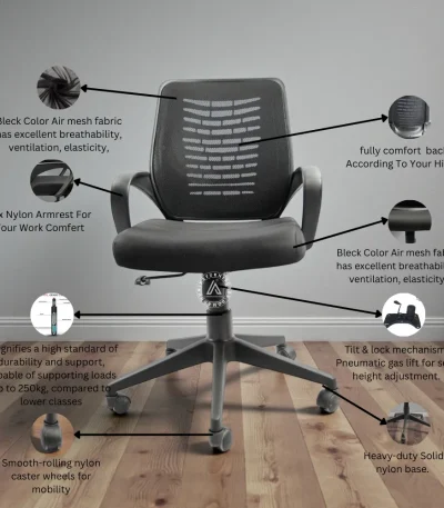 Ergonomic black mesh office chair with breathable backrest, adjustable height, tilt lock mechanism, nylon armrests, and caster wheels