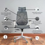 Ergonomic mesh office chair with adjustable headrest, adjustable armrests, cushioned seat, tilt mechanism, and chrome base with wheels