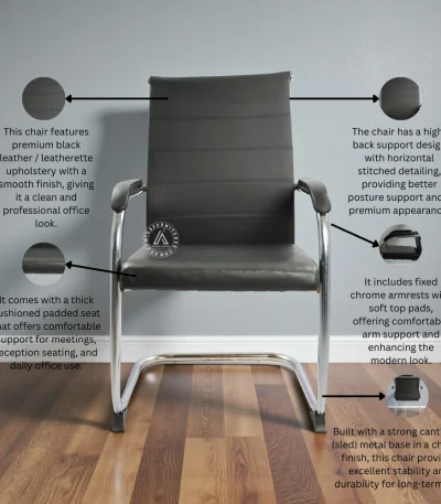 Black leather visitor office chair with high-back support, cushioned seat, chrome armrests and cantilever metal base