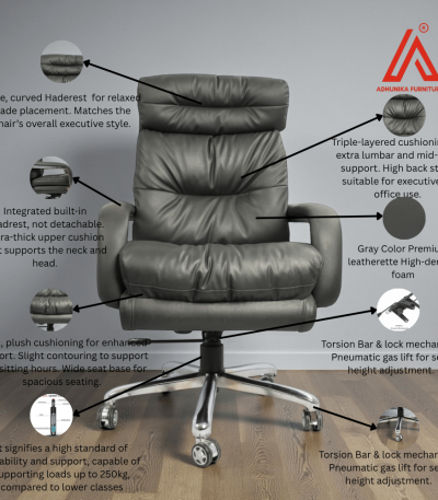 Gray plush high-back executive office chair with built-in headrest - Adhunika Furnitures