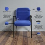 Blue fabric visitor office chair with cushioned seat, stitched backrest, fixed armrests and metal legs