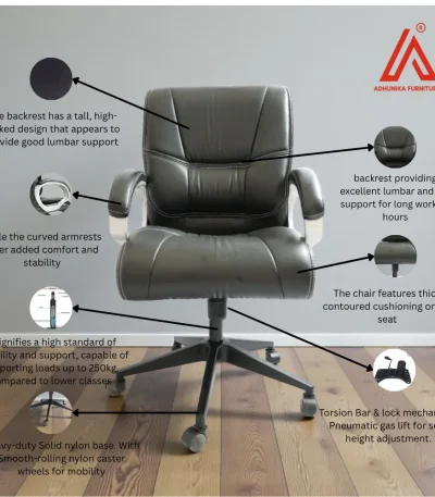 Gray padded mid-back office chair with lumbar support - Adhunika Furnitures