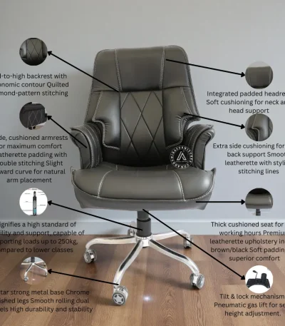 Executive office chair with quilted diamond-stitched back, padded headrest, cushioned seat, adjustable height, and 5-star chrome base with wheels