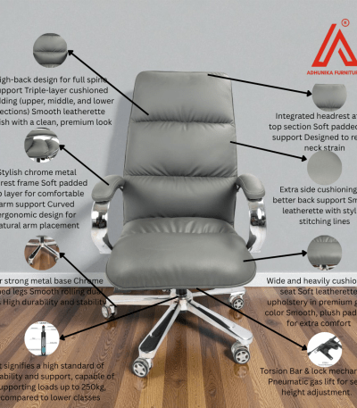 Gray high-back boss chair with padded headrest and chrome base - Adhunika Furnitures