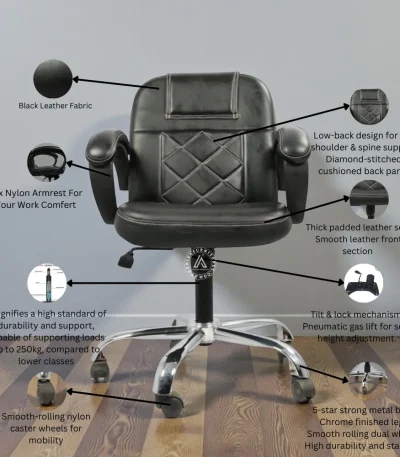 Infographic of black leather office chair showing diamond-stitched low backrest, chrome metal base, padded seat, and 250kg weight capacity.
