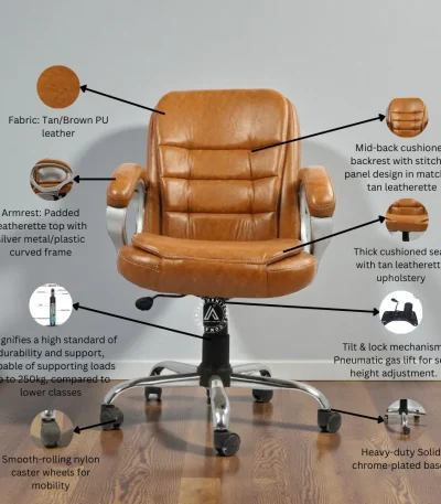 Executive mid-back PU leather office chair with cushioned seat, padded armrests and chrome base