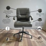 Executive office chair with thick padded black leather seat, cushioned backrest, padded armrests, adjustable height, and nylon base with wheels