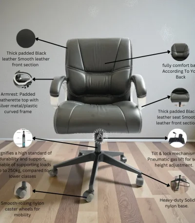Executive office chair with thick padded black leather seat, cushioned backrest, padded armrests, adjustable height, and nylon base with wheels