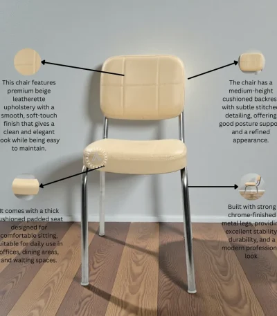 Beige leatherette visitor chair with cushioned seat, stitched backrest, and chrome metal legs for office and waiting areas