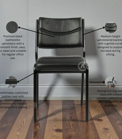 Black leatherette visitor chair with cushioned seat, curved backrest, and powder-coated metal legs for office use