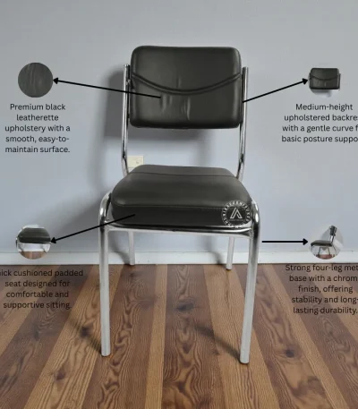 Black visitor chair with leatherette upholstery, cushioned seat, and chrome metal legs