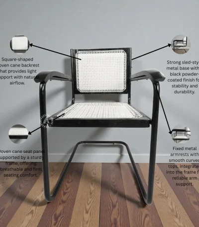 Cane back visitor chair with woven cane seat, fixed metal armrests, and black powder-coated sled base
