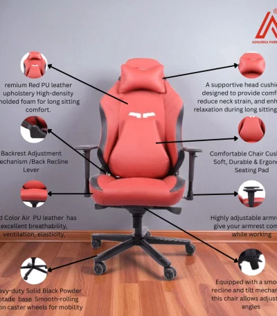 Red ergonomic gaming chair with neck pillow and recline function - Adhunika Furnitures