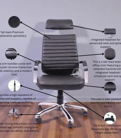 Tall back executive office chair with integrated headrest, black leatherette upholstery, chrome armrests, adjustable height, and 5-star chrome base with wheels