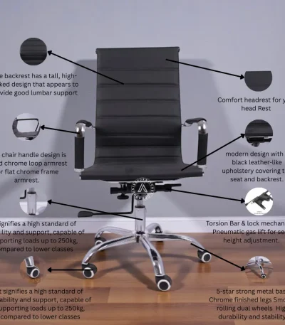 High back executive office chair with headrest, black leather-like upholstery, chrome armrests, adjustable height, and 5-star chrome base with wheels