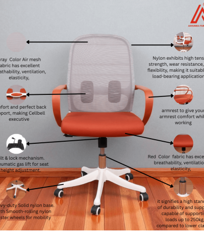 Ergonomic mesh office chair with breathable gray backrest and padded red seat