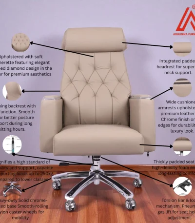 Cream button-tufted high-back boss chair with reclining function - Adhunika Furnitures