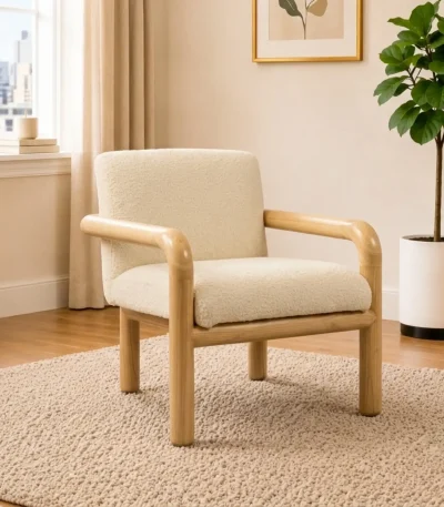 Cream Fabric Lounge Chair with Wooden Legs