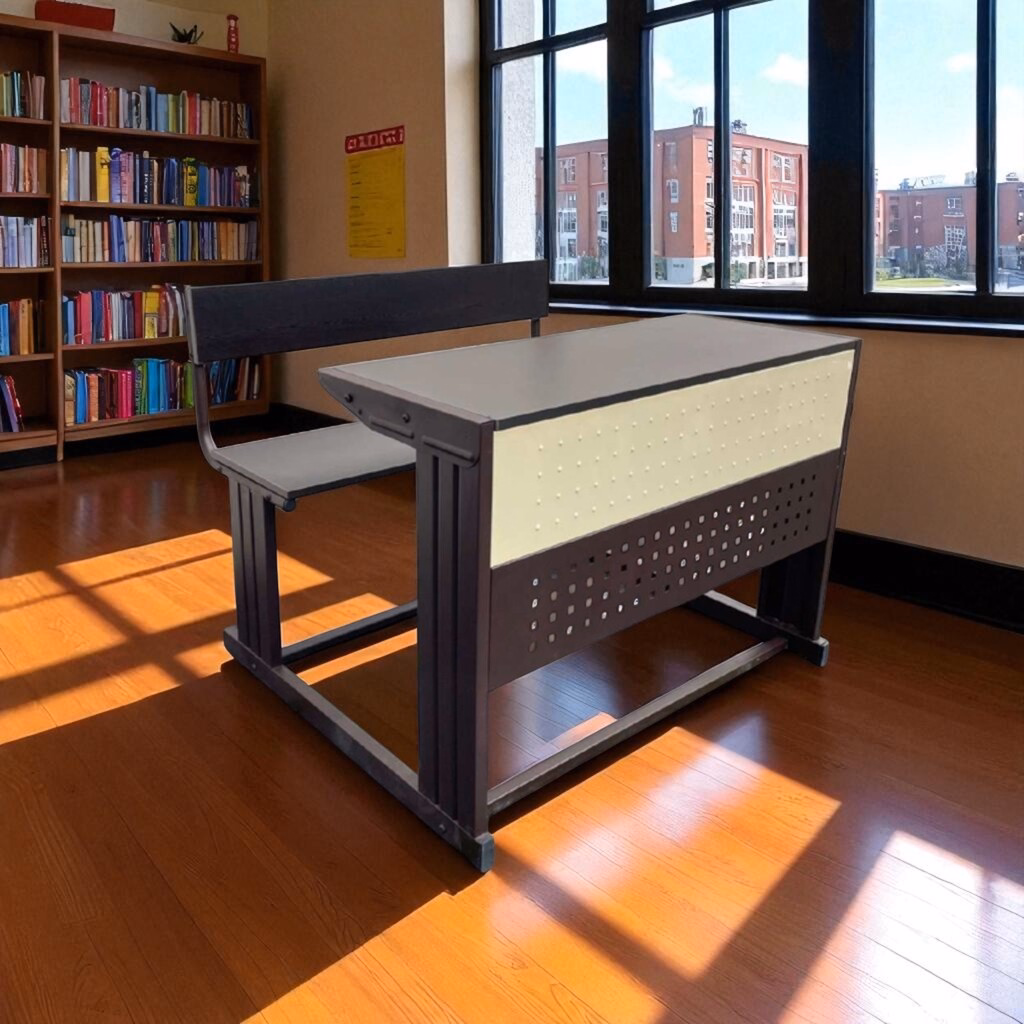 Modern Office Desk and Bench Set in a Library with Wooden Flooring