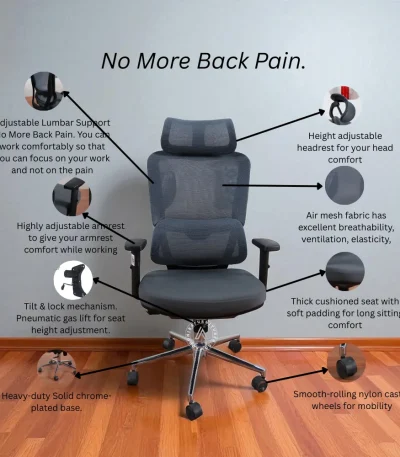 Ergonomic mesh office chair with adjustable lumbar support, headrest, cushioned seat and chrome base