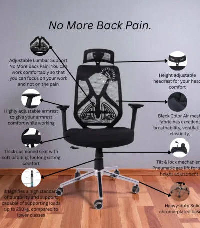 Ergonomic mesh office chair with lumbar support, adjustable headrest, cushioned seat, tilt mechanism, and chrome base with wheels