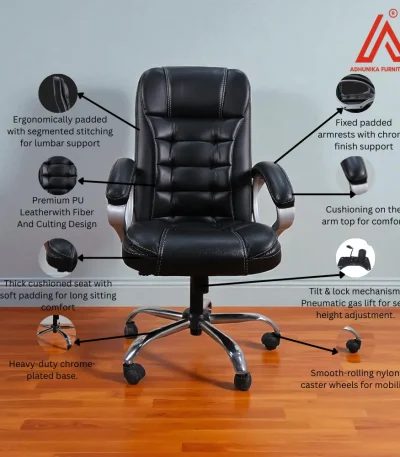 Black padded high-back office chair with lumbar support - Adhunika Furnitures