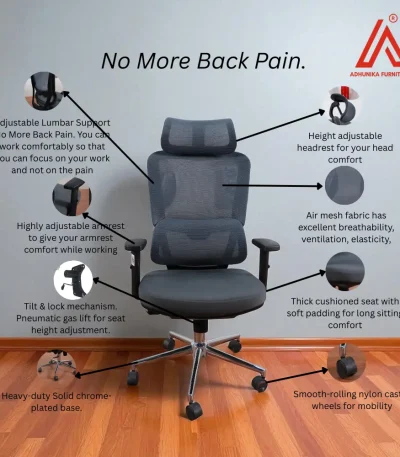 Gray air mesh office chair for back pain relief with adjustable armrests - Adhunika Furnitures