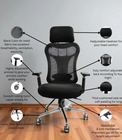 Ergonomic mesh office chair with adjustable headrest, breathable mesh back, adjustable armrests, cushioned seat, and chrome base with wheels