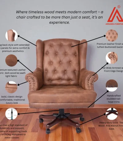 Brown tufted wingback office chair with nailhead trim - Adhunika Furnitures