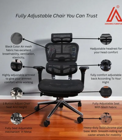 Black mesh office chair with full adjustability and metal mechanism - Adhunika Furnitures
