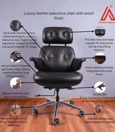 Luxury black PU leather boss chair with plywood frame - Adhunika Furnitures