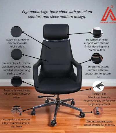 Black ergonomic executive chair with rectangular headrest - Adhunika Furnitures
