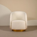 Modern cream bouclé swivel accent chair with curved back and wooden base